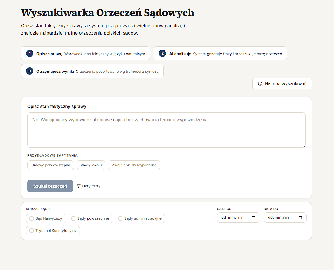 Wyszukiwarka Orzeczeń Sądowych — ekran startowy